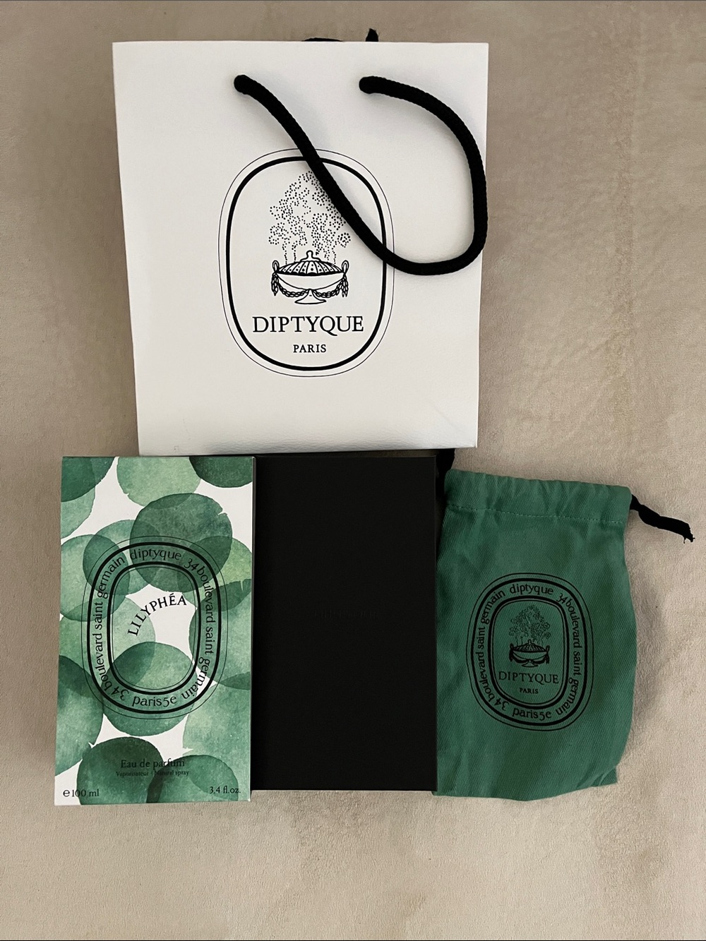 Diptyque Lilyphea Box, Dustbag and Shopping Bag **NO PRODUCT**